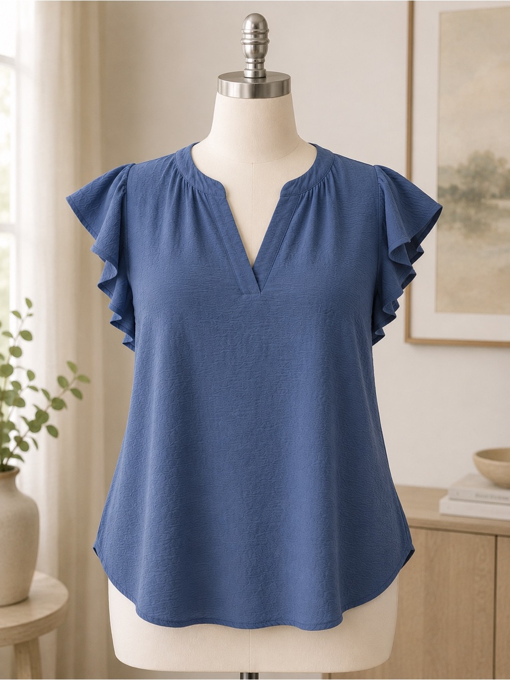 Adrianna Papell 1X Blue Flutter Sleeve Split Neck Blouse Crinkle Polyester Top - Picture 2 of 15